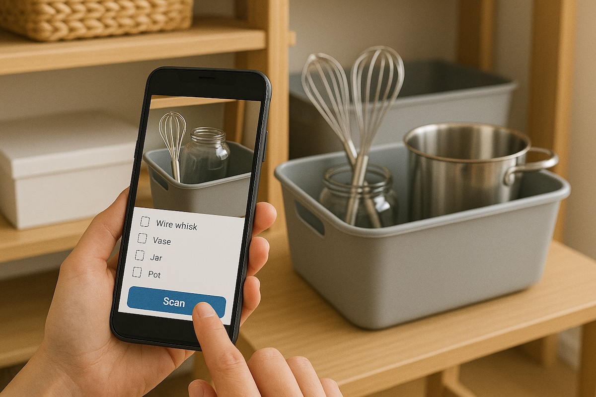 Person using smartphone to scan and catalog home items with AI inventory app