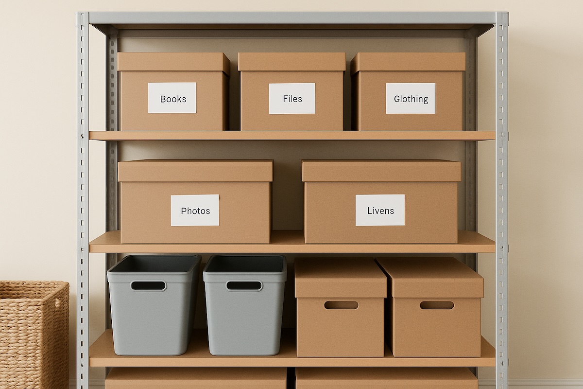 Organized home inventory with labeled boxes and shelving systems